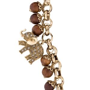 Milly Wood Bead Crystal Elephant Statement Chunky Gold Necklace